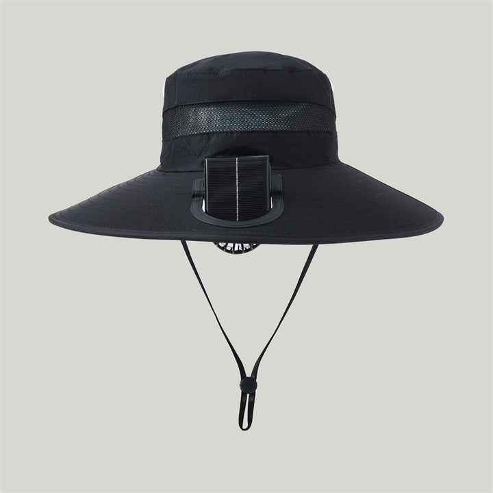 wide-brimmed outdoor sun hat with solar module, quiet mini fan, and adjustable chin strap Bowlift