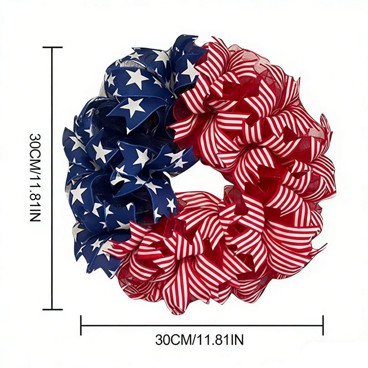 Unisex decorative door wreath with layered fabric bows and star appliqués Bowlift