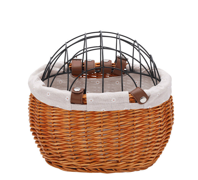 woven rattan pet carrier basket with detachable linen liner and foldable metal safety dome Bowlift