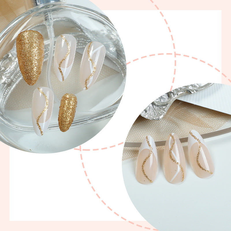 Elegant Press-On Nail Set with Glitter and Gold Swirl Accents Bowlift