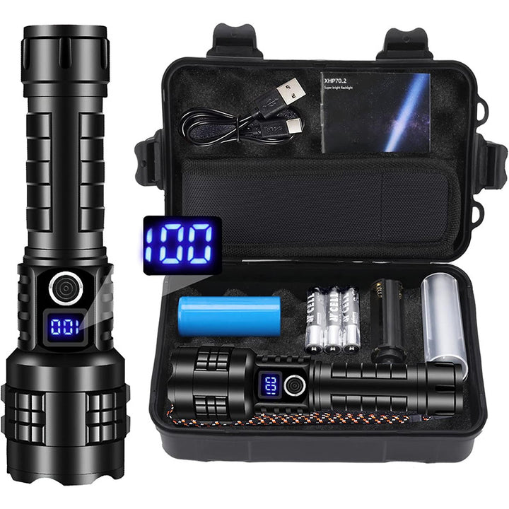 High-Powered Rechargeable Tactical LED Flashlight with Digital Battery Indicator and Zoom Focus Bowlift