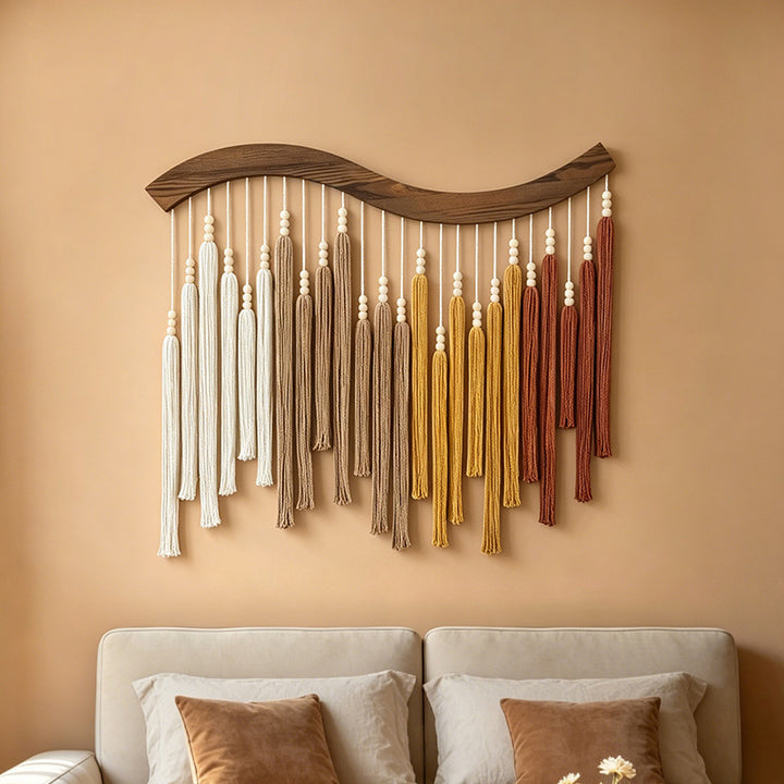 Curved Wooden Rod Macramé Wall Hanging with Long Cotton Tassels Bowlift