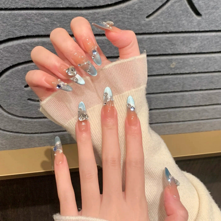 Decorative Long Stiletto Press-On Nails with Silver Accents Bowlift