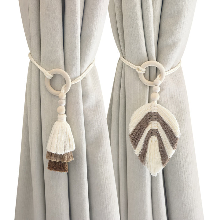 Decorative Layered Tassel Curtain Tieback with Wooden Beads and Loop Ring Bowlift