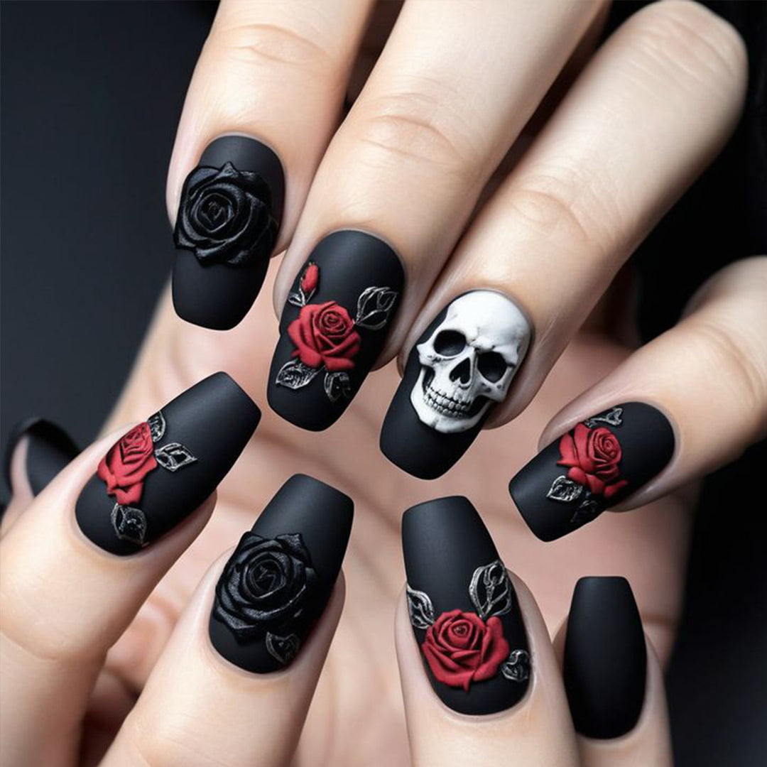 Artistic Skull and Rose Nail Art Extensions Bowlift