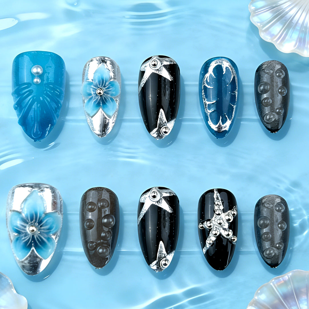 Artificial nails with floral and metallic accents Bowlift