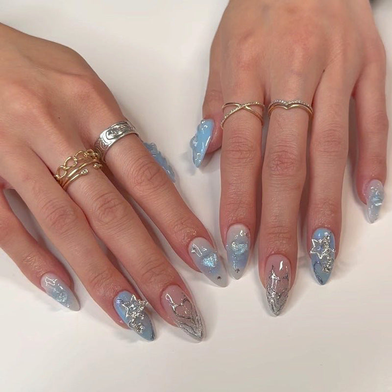 Stiletto Press-On Nail Set with Artistic Ocean Theme Bowlift