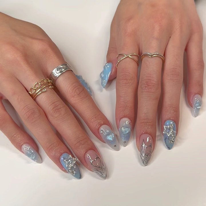 Stiletto Press-On Nail Set with Artistic Ocean Theme Bowlift