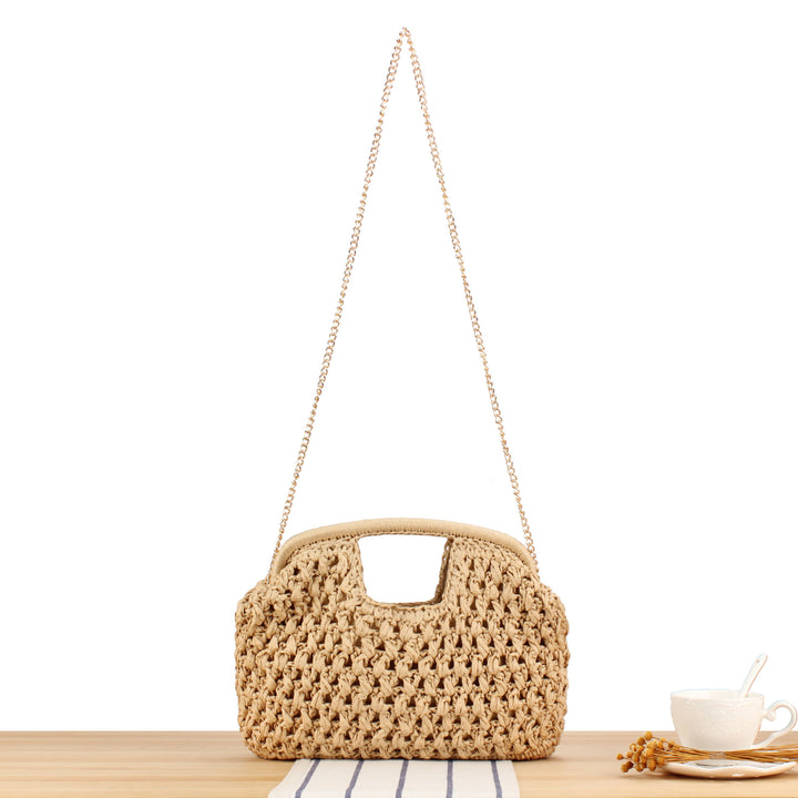 Fine straw shoulder bag with elegant chain accents Bowlift