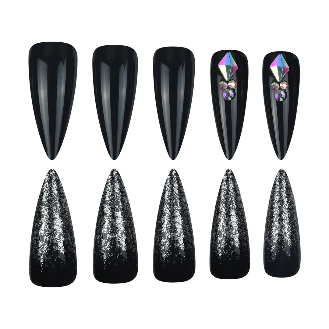 Stiletto Press-On Nail Set with Glitter and Gem Accents Bowlift