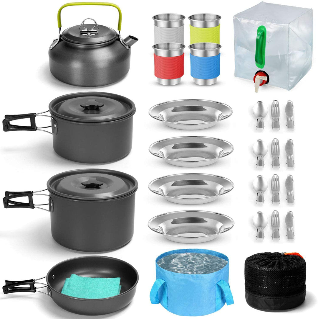 compact nesting anodized aluminum camping cookware kit with kettle nonstick pots frying pan foldable wash basin stainless steel plates cups Bowlift
