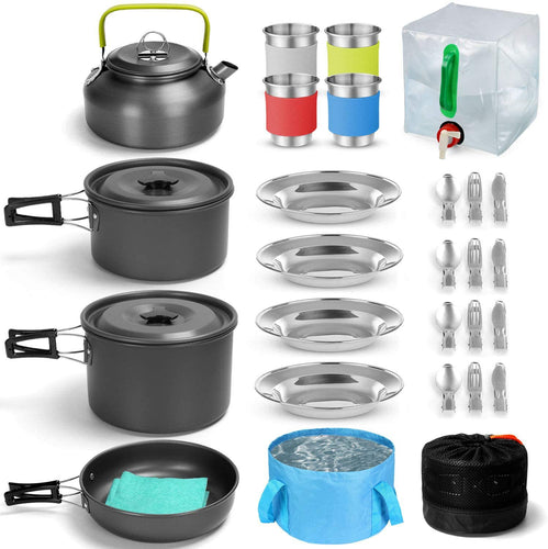 compact nesting anodized aluminum camping cookware kit with kettle nonstick pots frying pan foldable wash basin stainless steel plates cups Bowlift