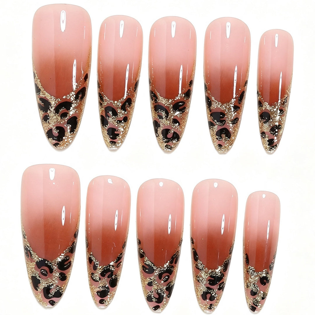 Elegant Stiletto Nail Art Set with Gold and Leopard Accents Bowlift