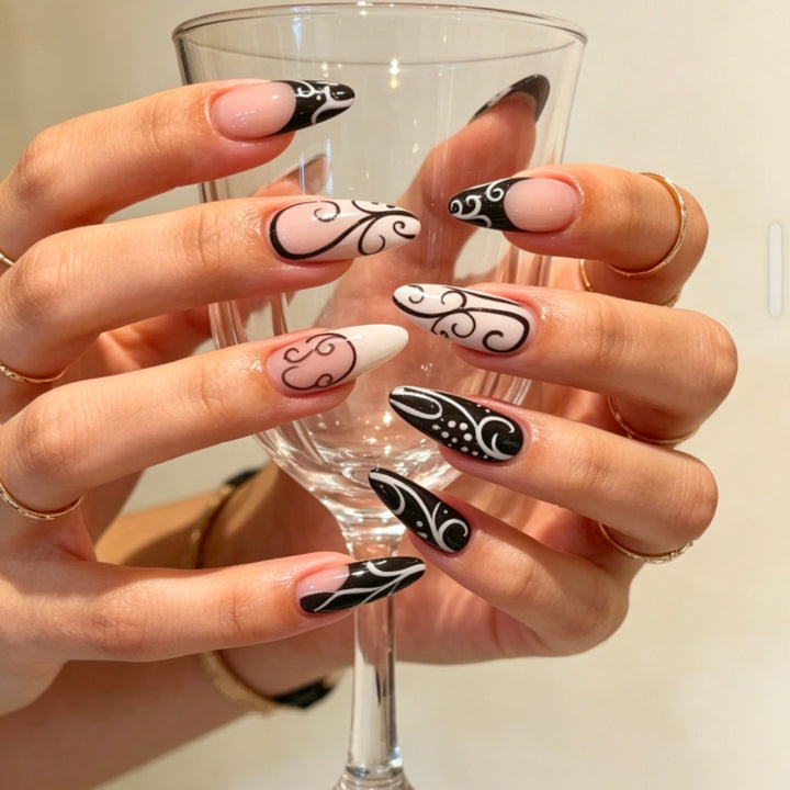 Artificial nails with modern black and white design Bowlift