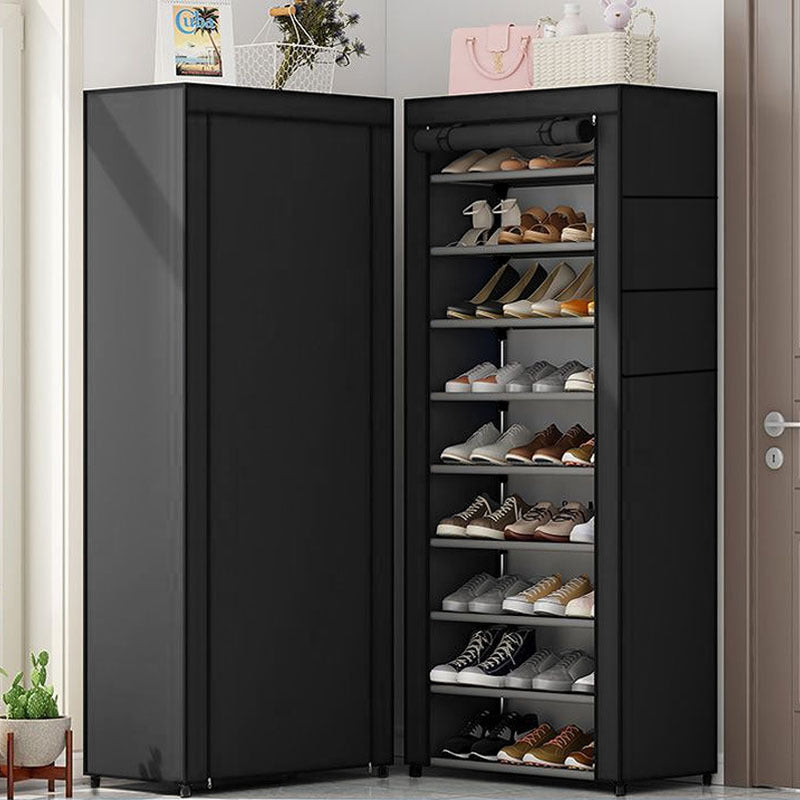 tall vertical shoe storage cabinet with roll-up protective cover and clear shelf panels Bowlift