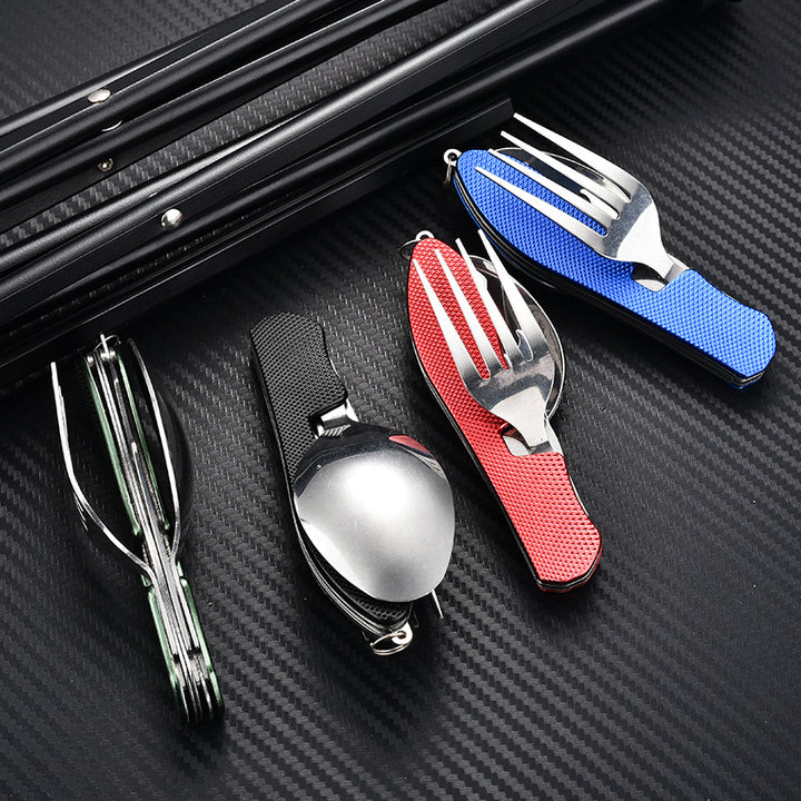 folding stainless steel camping cutlery set with textured grip locking hinge and compact travel clip Bowlift
