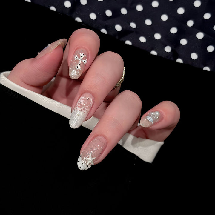 Acrylic Nail Set with Dreamy Glitter and Pearl Designs Bowlift