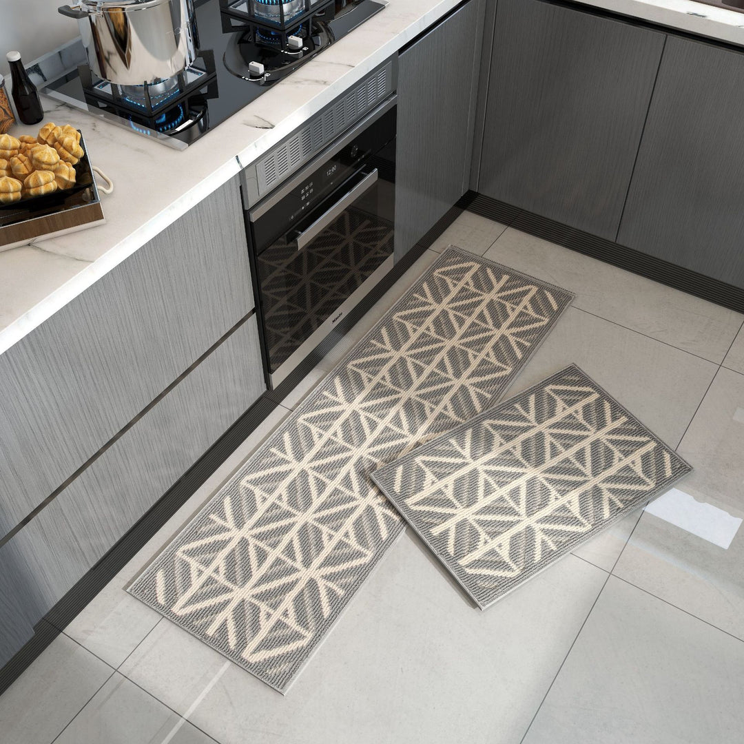 Non-Slip Geometric Woven Kitchen Runner and Mat Set Bowlift
