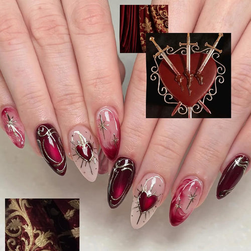 Artificial nail set with romantic decorations and glitter Bowlift