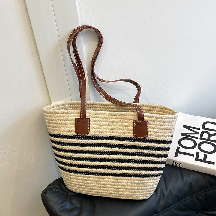 Striped Woven Beach Tote Bag Bowlift
