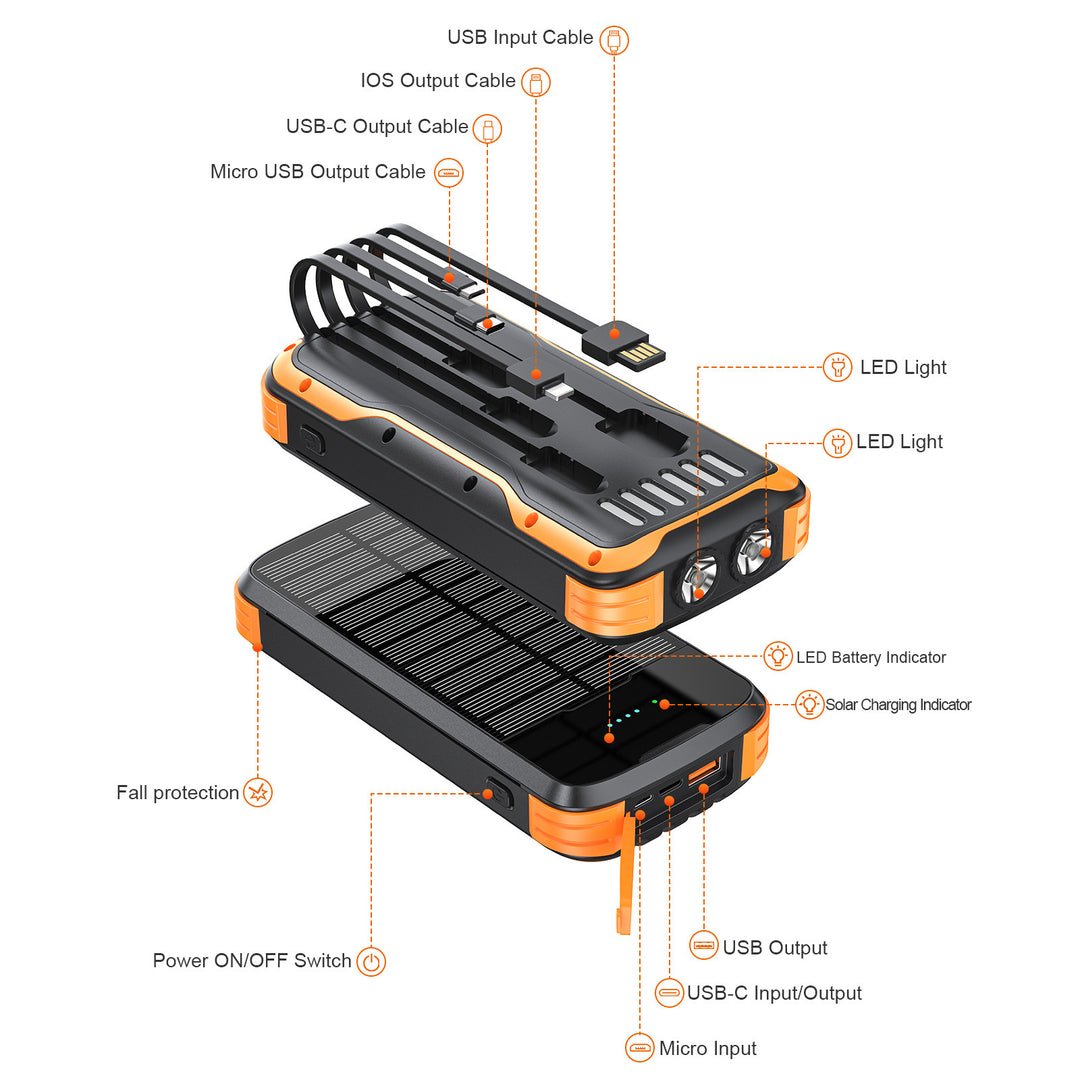 Robust Solar Powerbank with Integrated Flashlight and Multifunctional Charging Connection Bowlift