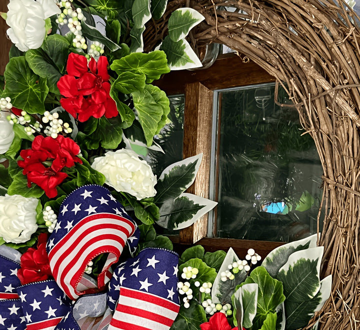 Unisex nan patriotic Americana grapevine front door wreath with oversized star-spangled bow and realistic silk floral accents Bowlift