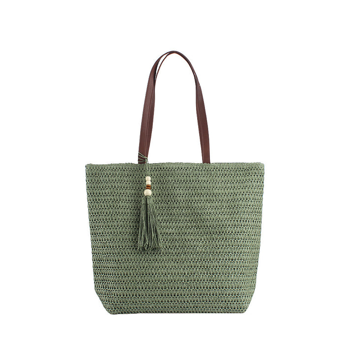 Spacious Shoulder Bag Made of Braided Natural Material with Decorative Tassel Bowlift