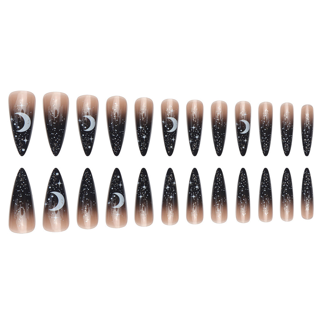 Glamorous Stiletto Press-On Nails with Celestial Design Bowlift