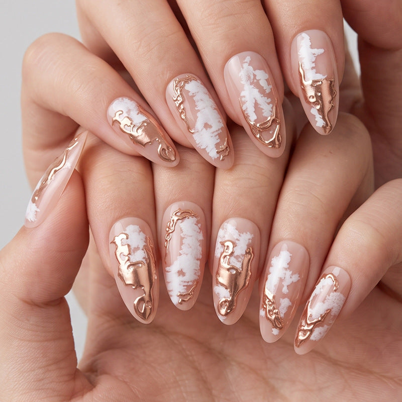 Elegant Press-On Nails with Artistic Marble and Metallic Design Bowlift