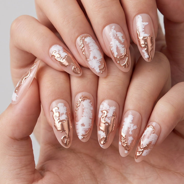 Elegant Press-On Nails with Artistic Marble and Metallic Design Bowlift