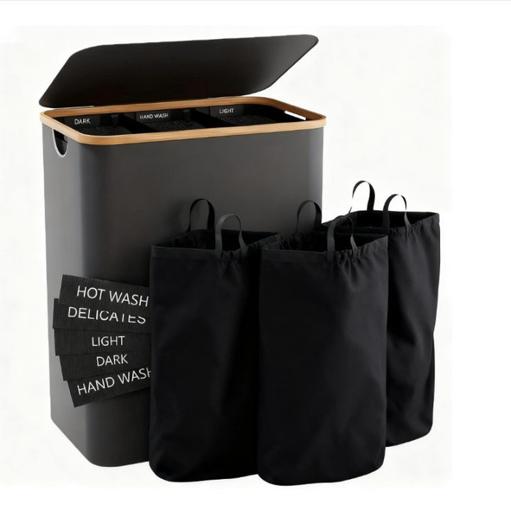 Laundry separation system with three compartments and removable inner pockets Bowlift