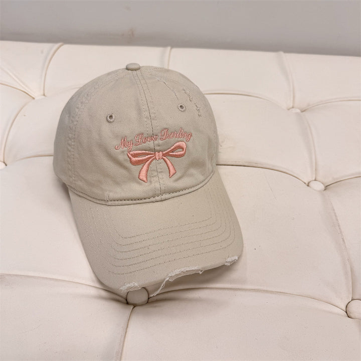Women's Distressed Cotton Baseball Cap with Bow Embroidery Bowlift
