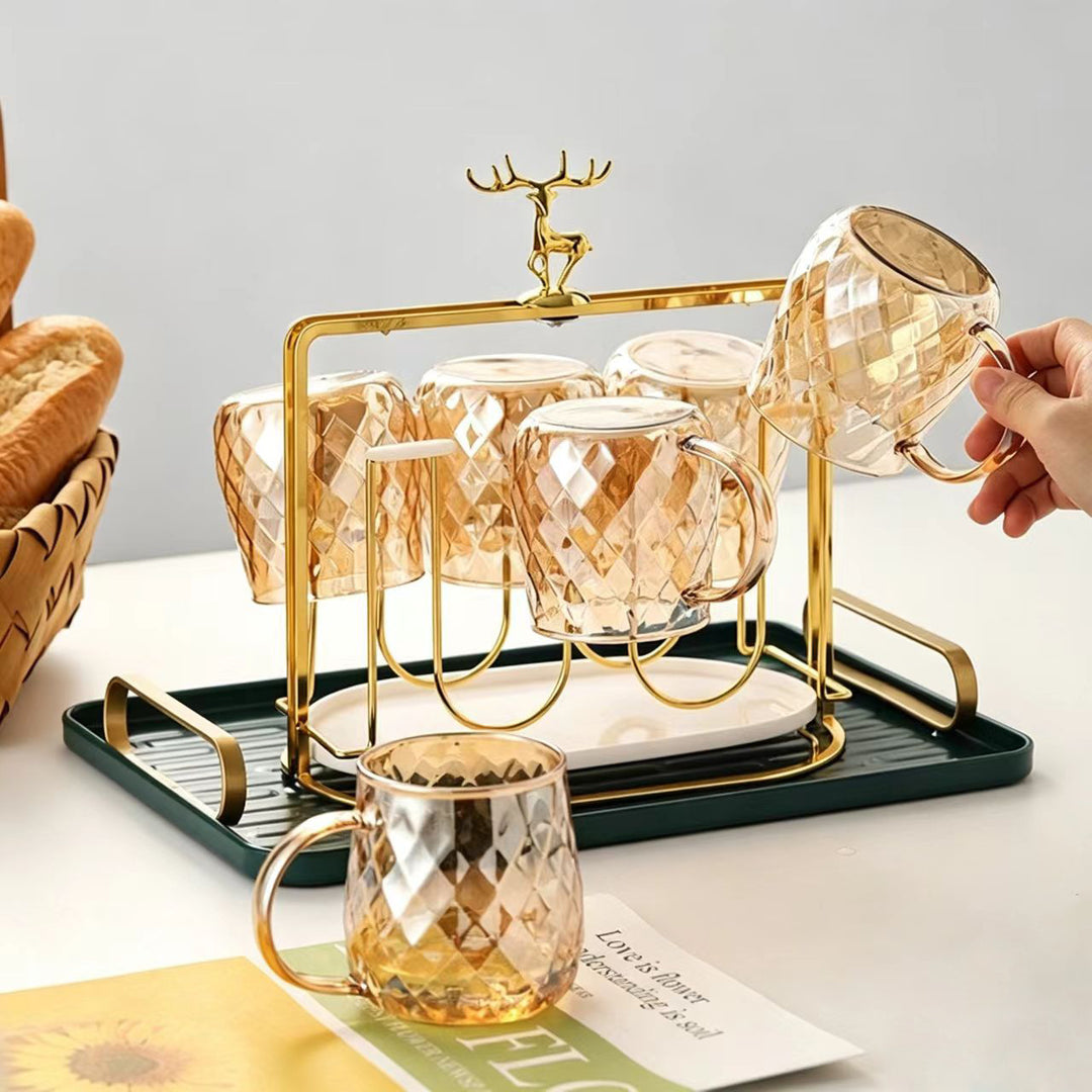 Hand-Blown Diamond-Cut Glass Coffee Mug with Ergonomic Handle Bowlift