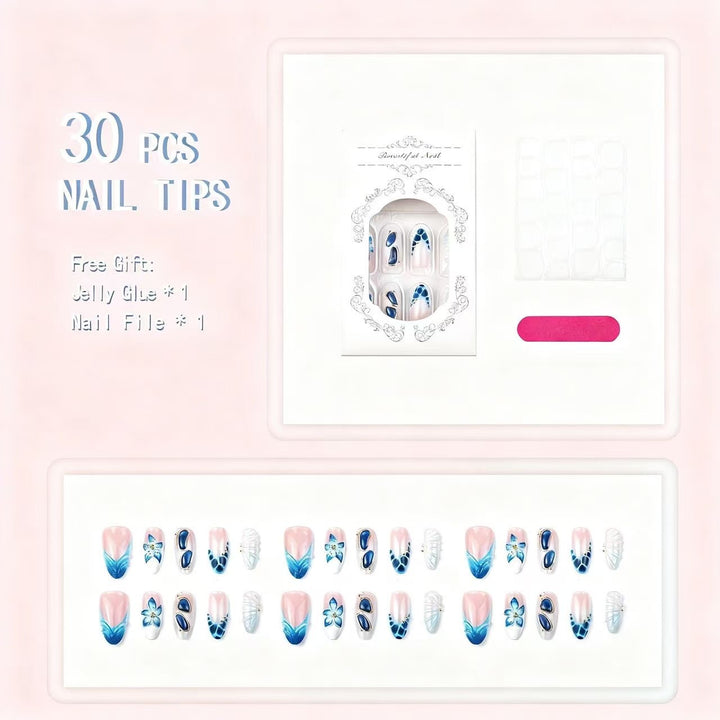 Artistic Press-On Nail Tips Set with Floral and Geometric Patterns Bowlift