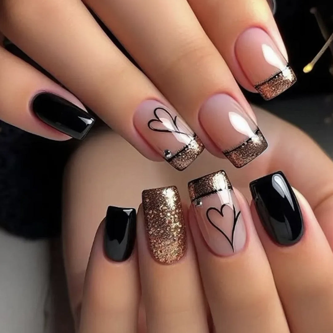 Elegant Glitter Heart Accent Nail Art Extensions Bowlift