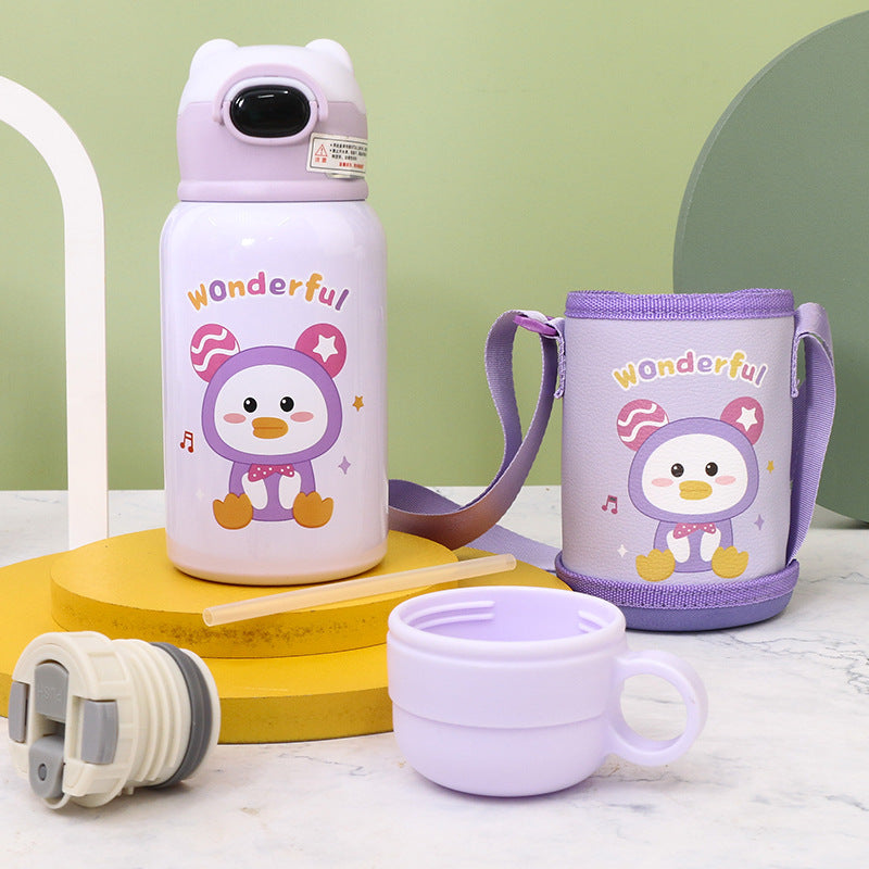 Women's Insulated Water Bottle with Cute Rabbit Design and Practical Carry Strap Bowlift