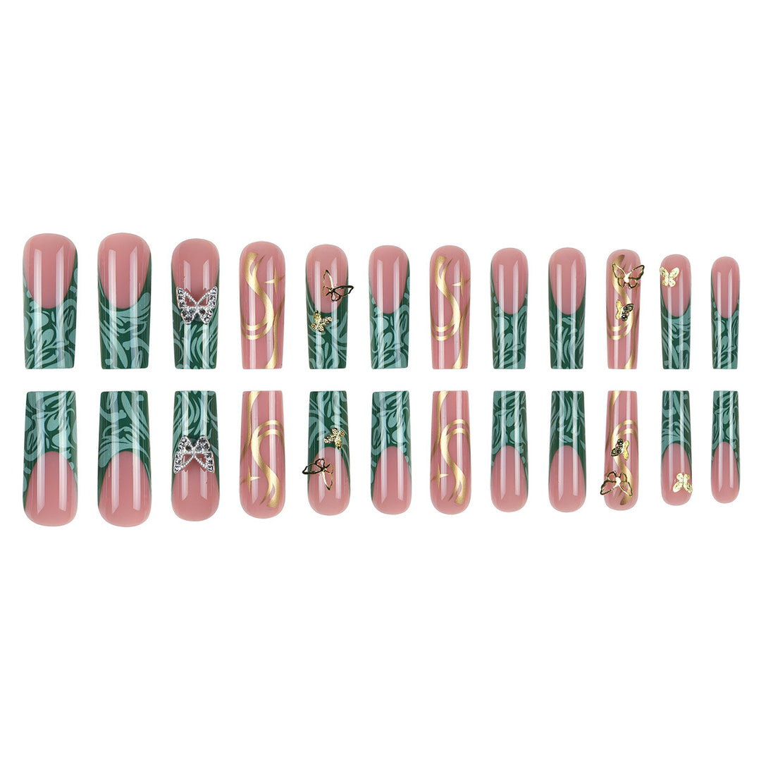 Artistic Long Press-On Nail Set with Butterfly and Gold Accents Bowlift