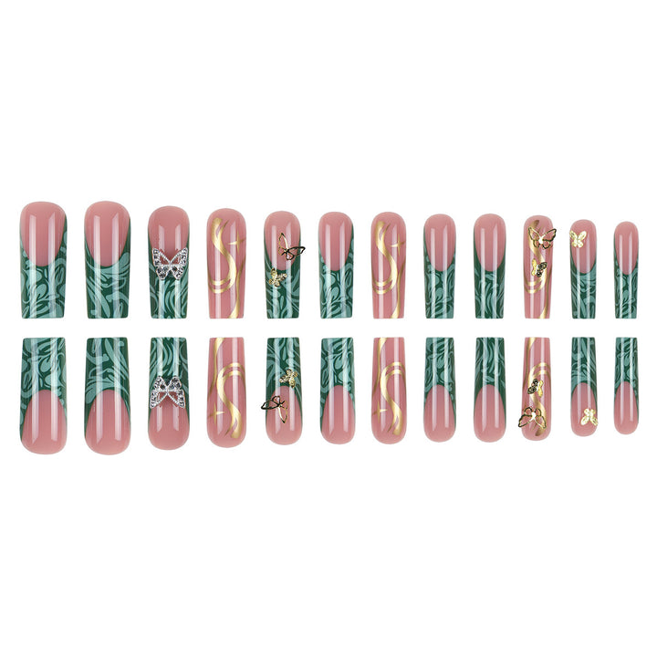 Artistic Long Press-On Nail Set with Butterfly and Gold Accents Bowlift