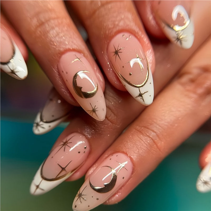 Artistic Stiletto Press-On Nail Design with Gold Accents Bowlift
