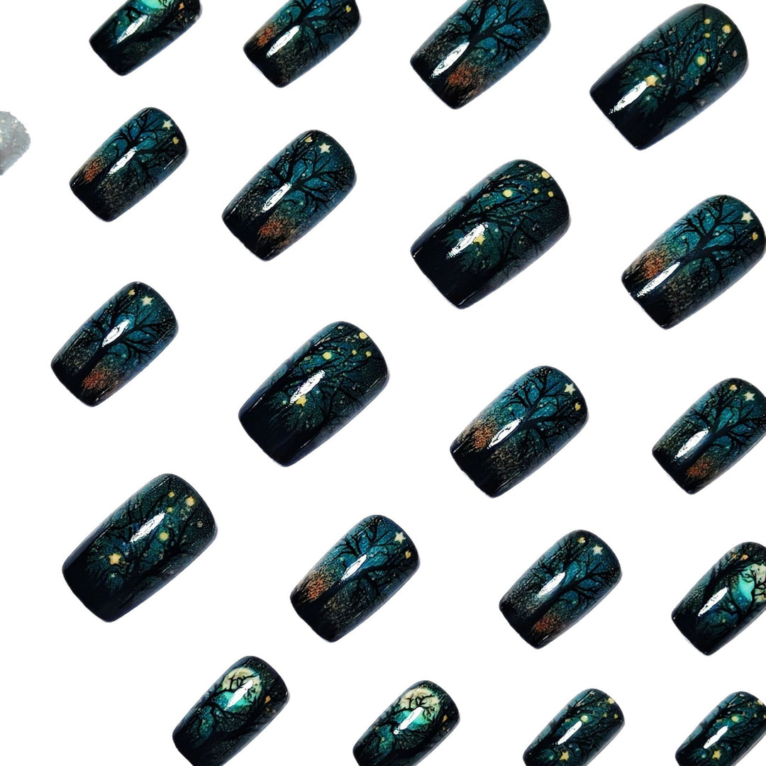 Creative Acrylic Nails with Midnight Forest Design Bowlift