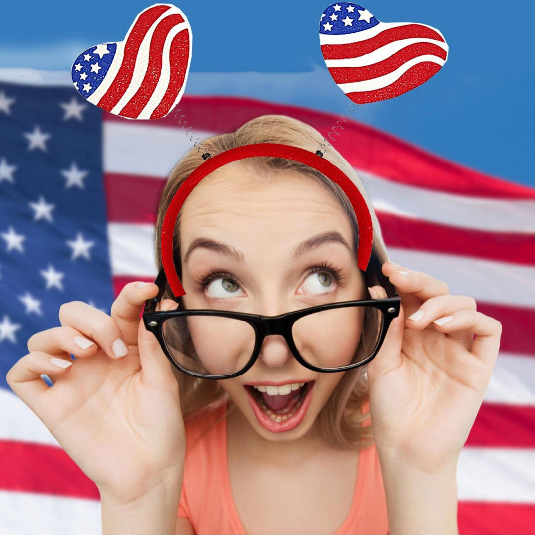 Independence Day patriotic novelty headband with spring-top Uncle Sam hats and glitter accents Bowlift
