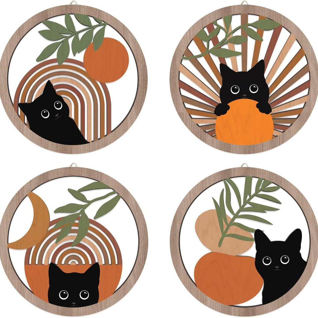 Round Boho Cat Laser-Cut Wooden Wall Art Hanging Plaque Set Bowlift