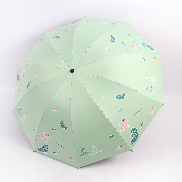 Women Folding Umbrella with Floral Accents Bowlift