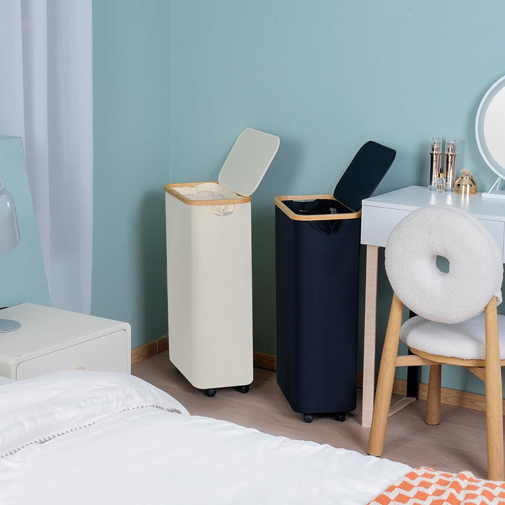 High-quality laundry container with bamboo lid and practical carrying handle Bowlift