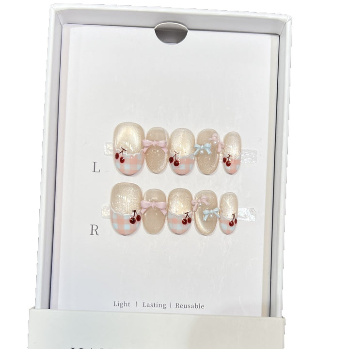 Decorative Press-On Nail Art Set with Charming Bow and Cherry Accents Bowlift