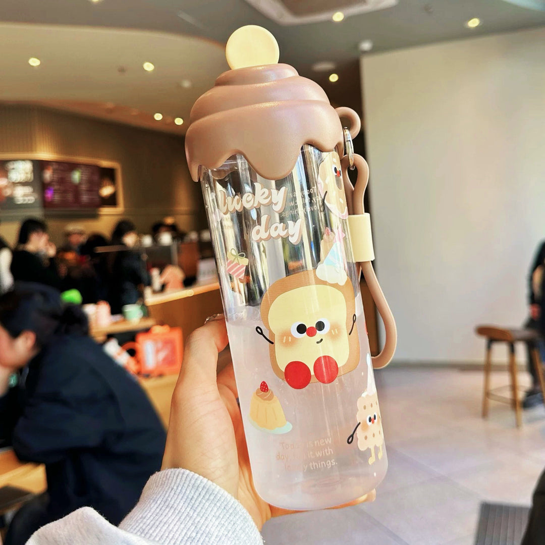 Kawaii Silicone-Topped Reusable Water Bottle with Carry Strap and Cute Dessert Print Bowlift