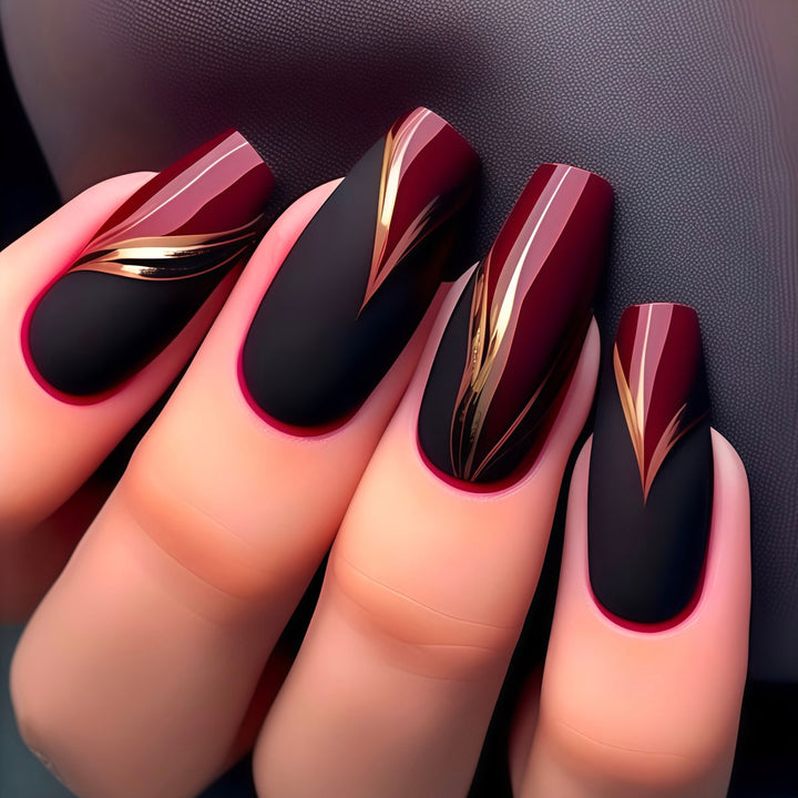 Stylish Press-On Nail Set with Gold Stripe Accents Bowlift