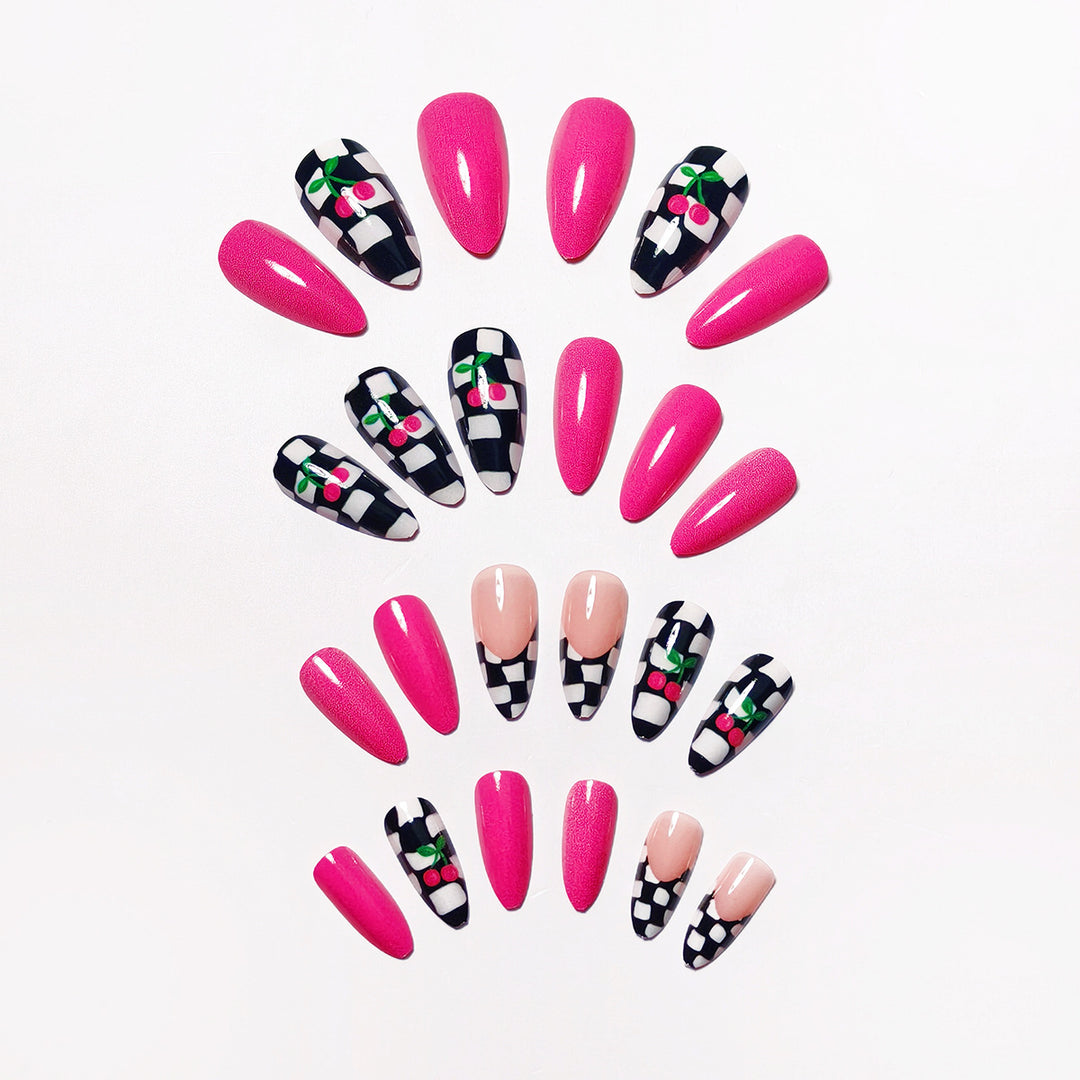 Creative artificial nails with playful cherry and checkerboard design Bowlift