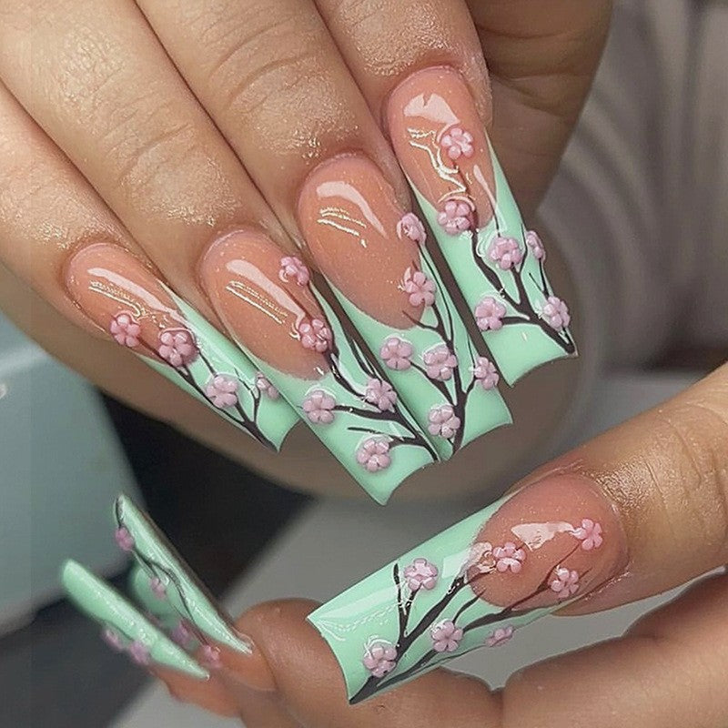 Decorative Floral Press-On Nail Art Set with 3D Flower Accents Bowlift