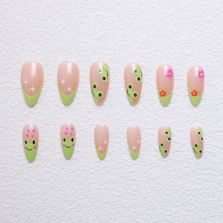 Artificial nail set with creative frog designs and playful accents Bowlift